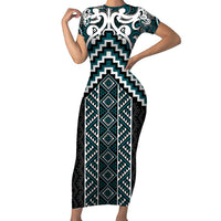 Maori Tukutuku Taniko Motifs Short Sleeve Bodycon Dress Teal Poutama Mix Kowhaiwhai LT7 Long Dress Teal - Polynesian Pride