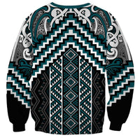 Maori Tukutuku Taniko Motifs Sweatshirt Teal Poutama Mix Kowhaiwhai