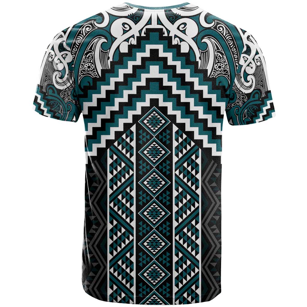 Maori Tukutuku Taniko Motifs T Shirt Teal Poutama Mix Kowhaiwhai