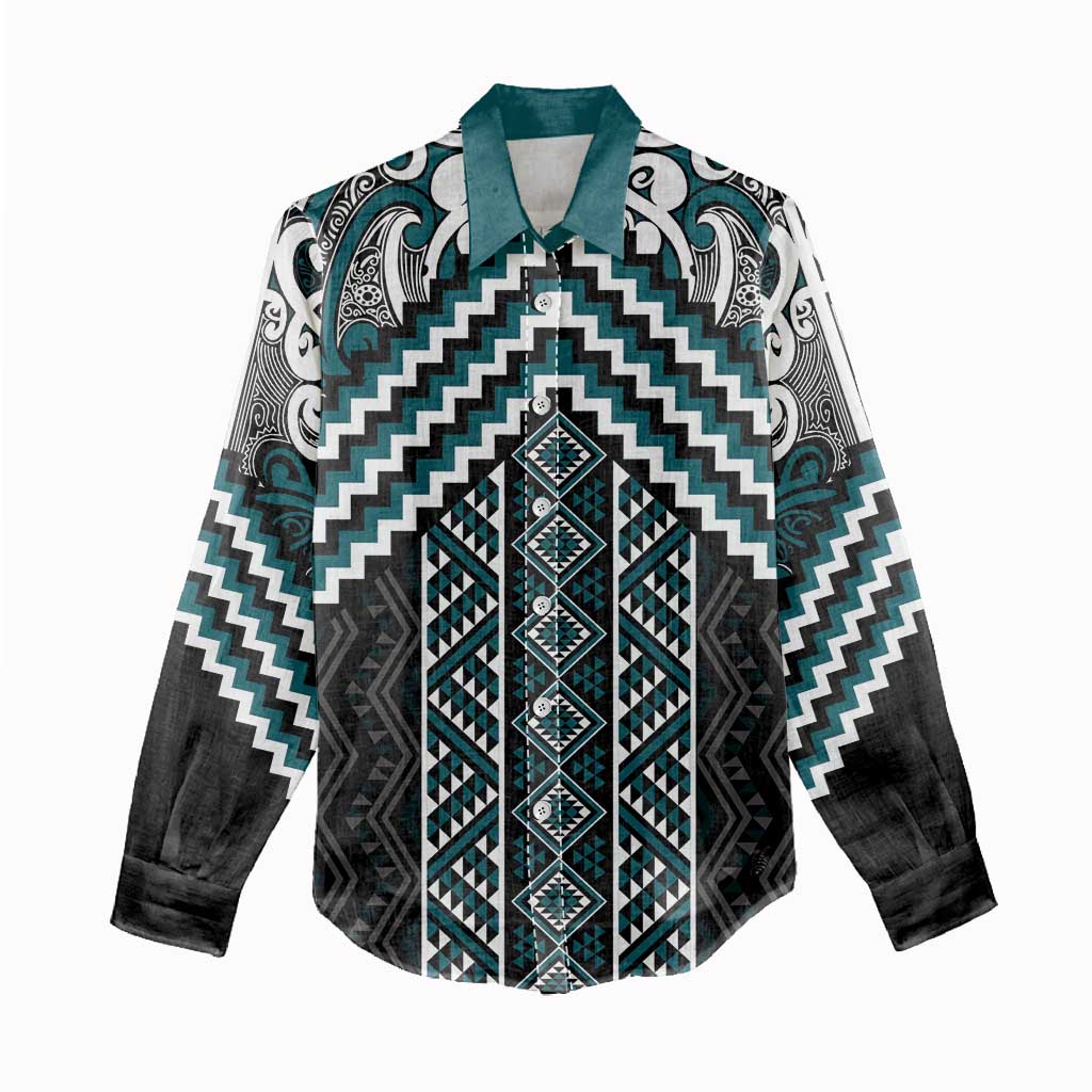 Maori Tukutuku Taniko Motifs Women Casual Shirt Teal Poutama Mix Kowhaiwhai LT7 - Polynesian Pride