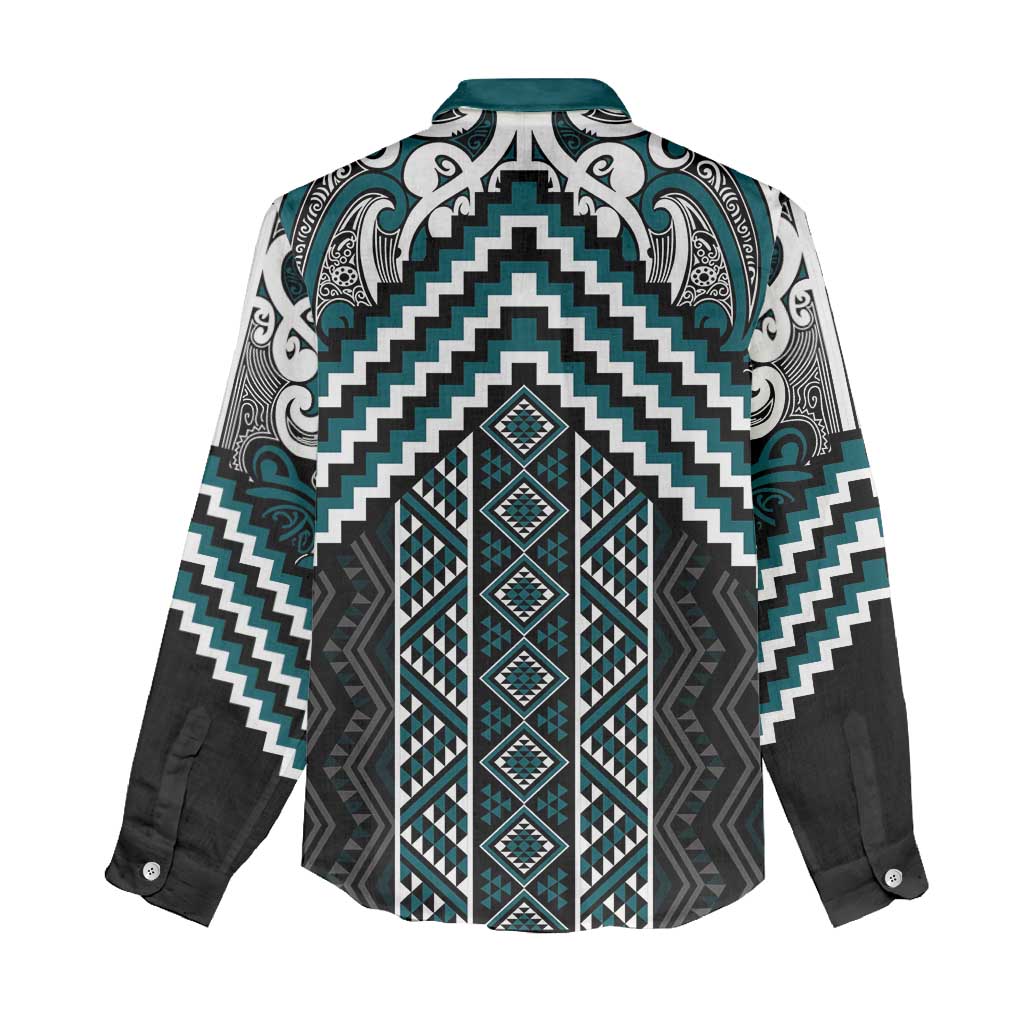 Maori Tukutuku Taniko Motifs Women Casual Shirt Teal Poutama Mix Kowhaiwhai LT7 - Polynesian Pride