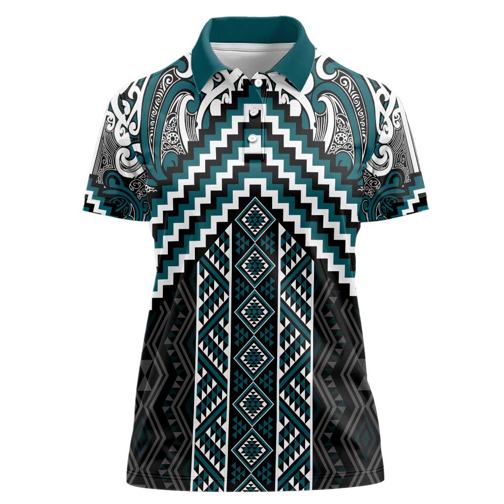 Maori Tukutuku Taniko Motifs Women Polo Shirt Teal Poutama Mix Kowhaiwhai