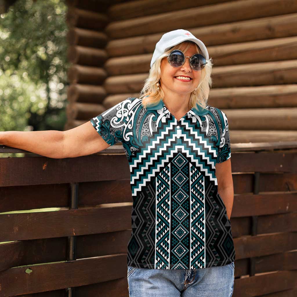 Maori Tukutuku Taniko Motifs Women Polo Shirt Teal Poutama Mix Kowhaiwhai