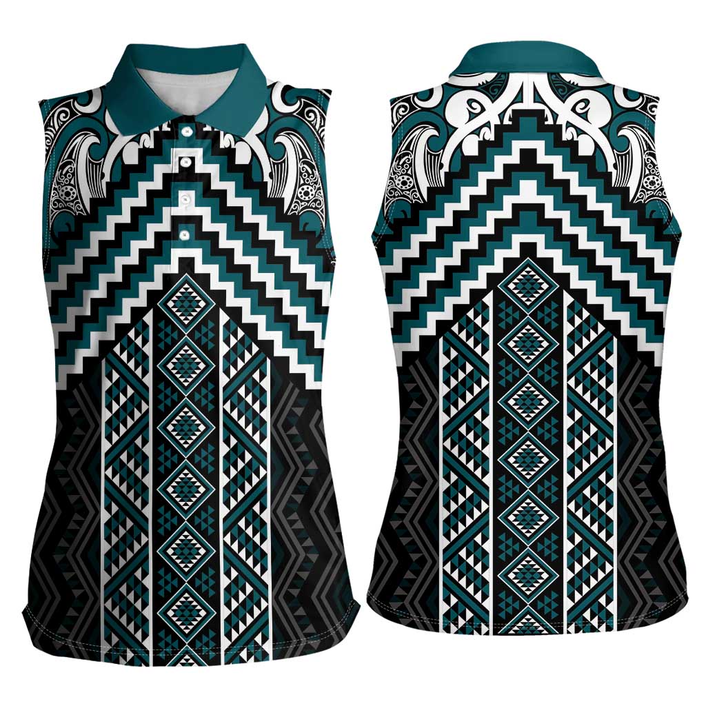 Maori Tukutuku Taniko Motifs Women Sleeveless Polo Shirt Teal Poutama Mix Kowhaiwhai