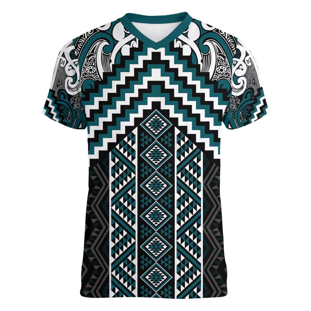 Maori Tukutuku Taniko Motifs Women V-Neck T-Shirt Teal Poutama Mix Kowhaiwhai