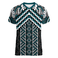 Maori Tukutuku Taniko Motifs Women V-Neck T-Shirt Teal Poutama Mix Kowhaiwhai