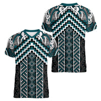 Maori Tukutuku Taniko Motifs Women V-Neck T-Shirt Teal Poutama Mix Kowhaiwhai