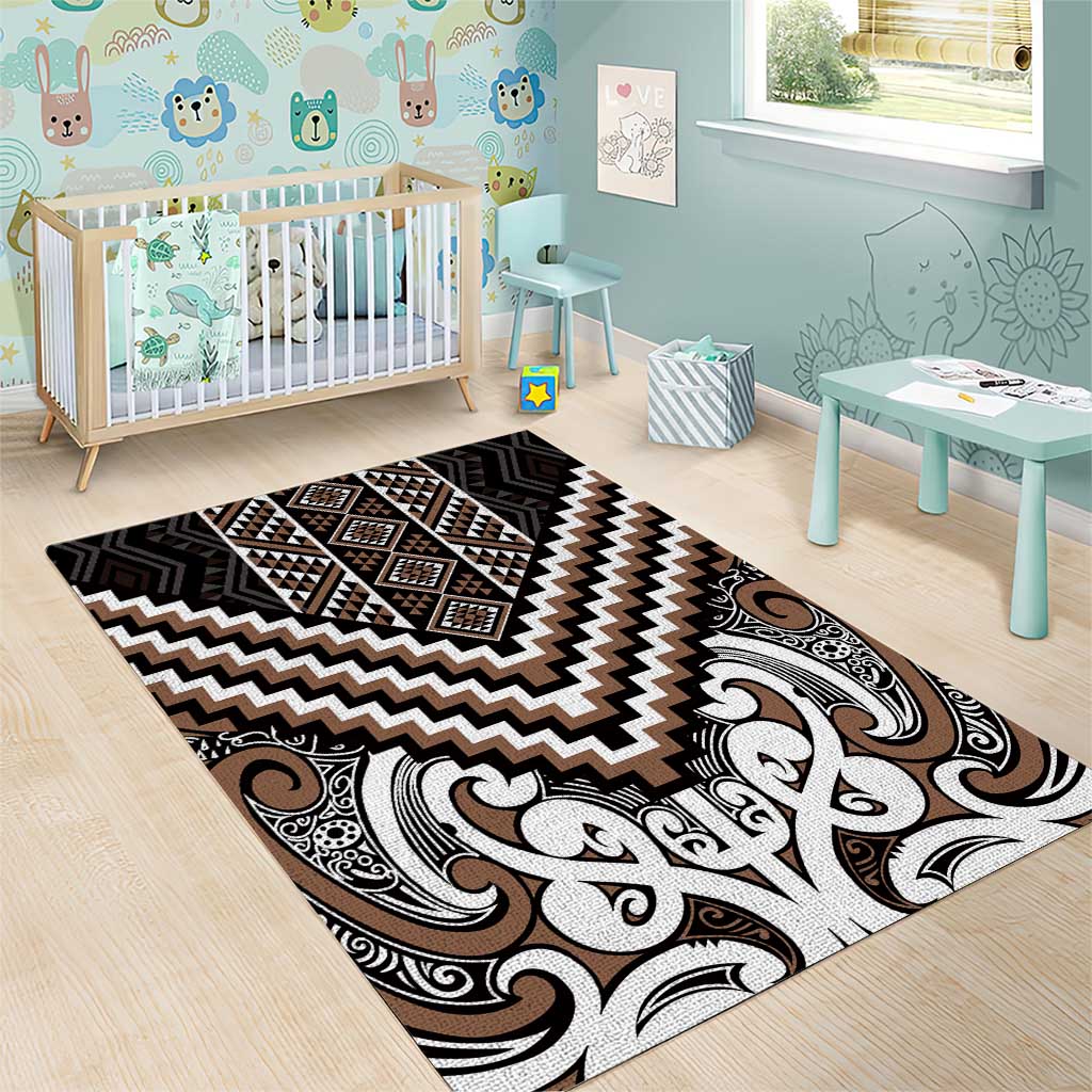 Maori Tukutuku Taniko Motifs Area Rug Brown Poutama Mix Kowhaiwhai