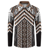 Maori Tukutuku Taniko Motifs Button Sweatshirt Brown Poutama Mix Kowhaiwhai
