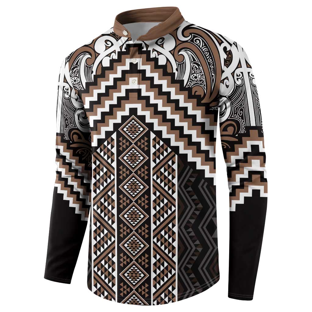 Maori Tukutuku Taniko Motifs Button Sweatshirt Brown Poutama Mix Kowhaiwhai