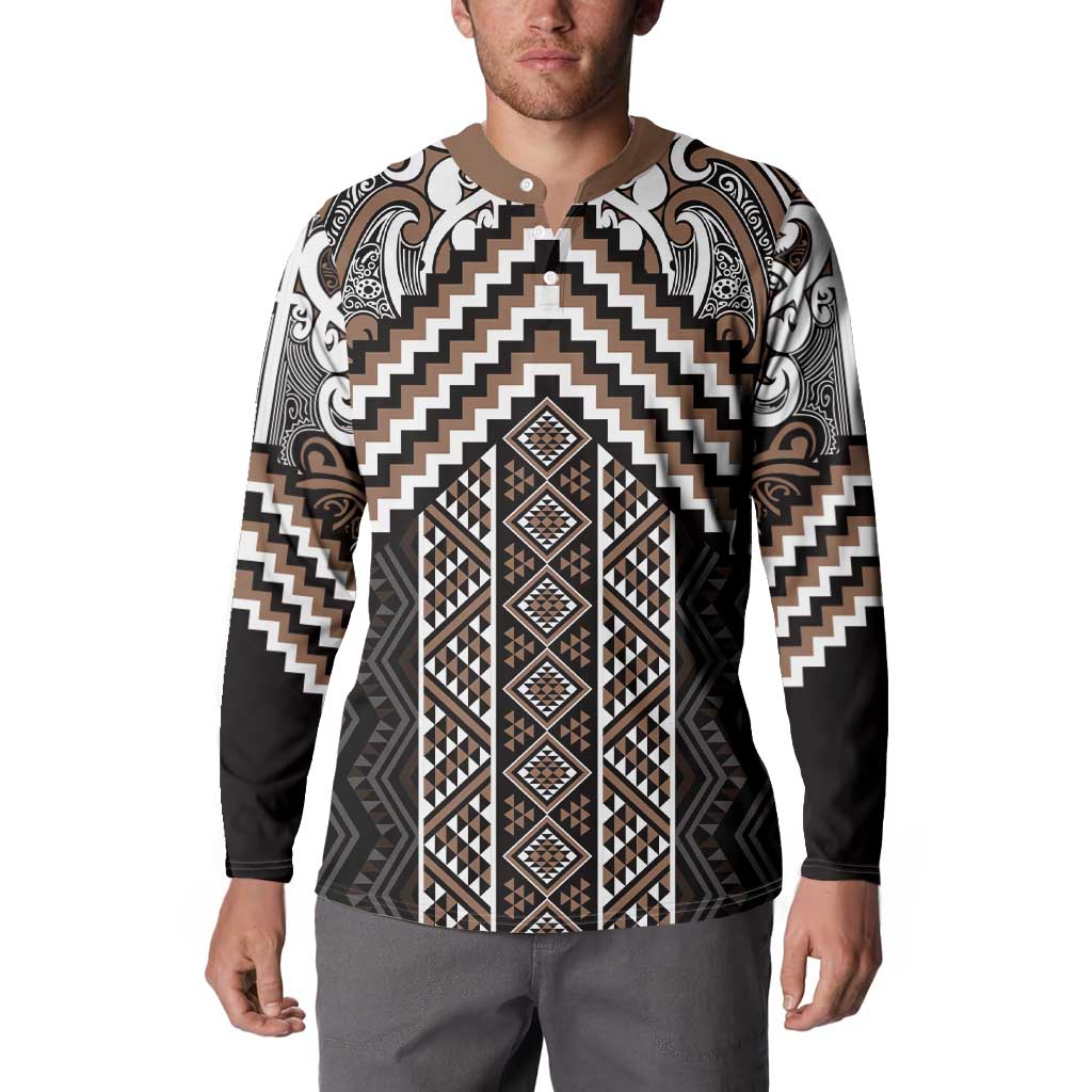 Maori Tukutuku Taniko Motifs Button Sweatshirt Brown Poutama Mix Kowhaiwhai