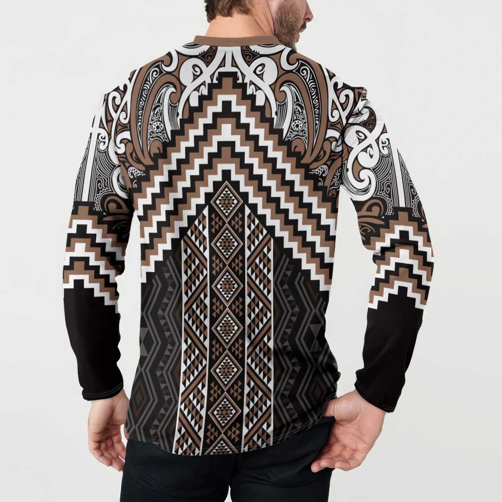 Maori Tukutuku Taniko Motifs Button Sweatshirt Brown Poutama Mix Kowhaiwhai