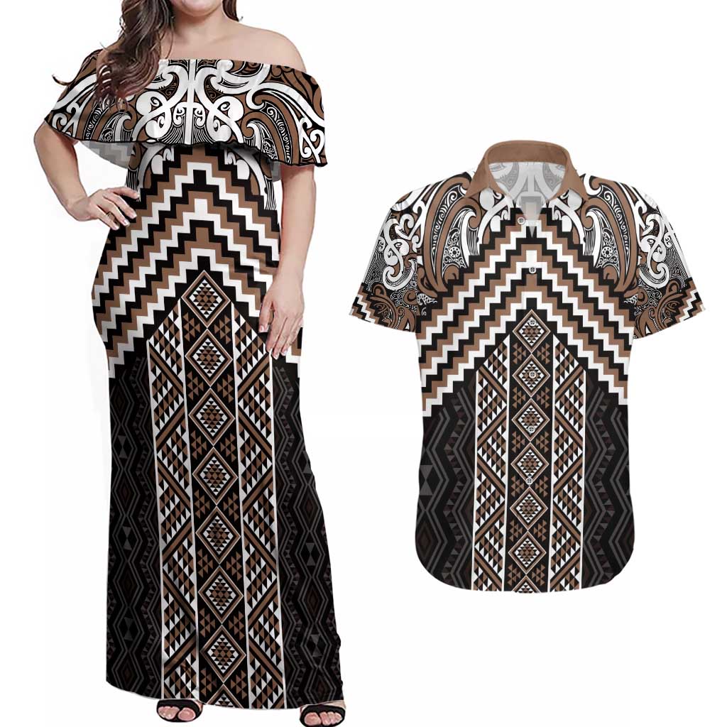 Maori Tukutuku Taniko Motifs Couples Matching Off Shoulder Maxi Dress and Hawaiian Shirt Brown Poutama Mix Kowhaiwhai LT7 Brown - Polynesian Pride