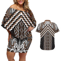 Maori Tukutuku Taniko Motifs Couples Matching Off Shoulder Short Dress and Hawaiian Shirt Brown Poutama Mix Kowhaiwhai LT7 Brown - Polynesian Pride
