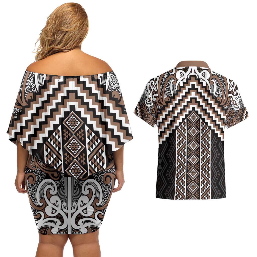 Maori Tukutuku Taniko Motifs Couples Matching Off Shoulder Short Dress and Hawaiian Shirt Brown Poutama Mix Kowhaiwhai LT7 - Polynesian Pride