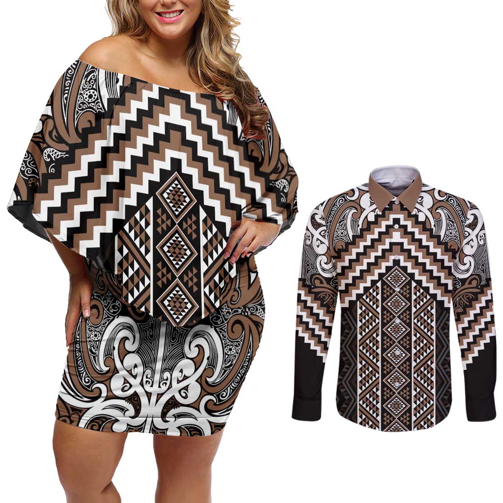 Maori Tukutuku Taniko Motifs Couples Matching Off Shoulder Short Dress and Long Sleeve Button Shirt Brown Poutama Mix Kowhaiwhai
