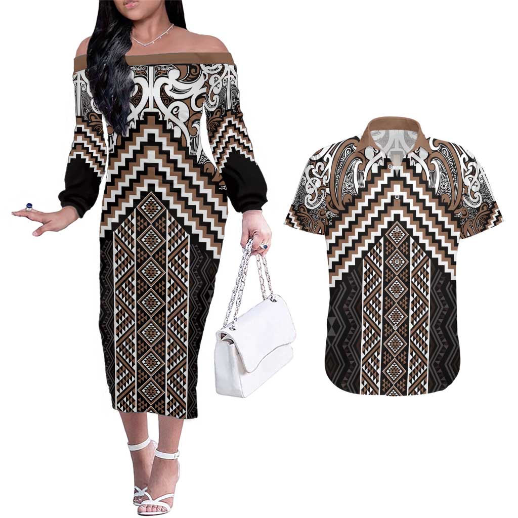 Maori Tukutuku Taniko Motifs Couples Matching Off The Shoulder Long Sleeve Dress and Hawaiian Shirt Brown Poutama Mix Kowhaiwhai LT7 Brown - Polynesian Pride