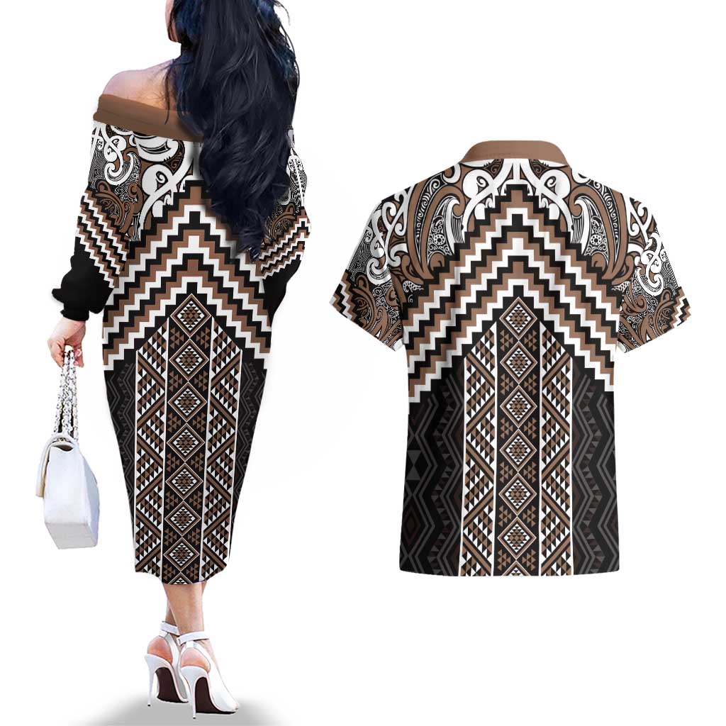 Maori Tukutuku Taniko Motifs Couples Matching Off The Shoulder Long Sleeve Dress and Hawaiian Shirt Brown Poutama Mix Kowhaiwhai LT7 - Polynesian Pride