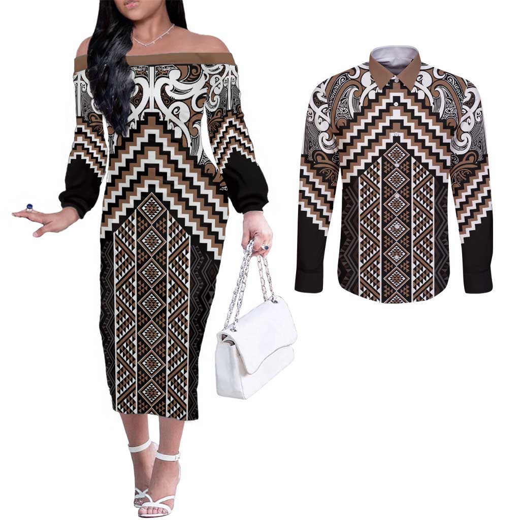 Maori Tukutuku Taniko Motifs Couples Matching Off The Shoulder Long Sleeve Dress and Long Sleeve Button Shirt Brown Poutama Mix Kowhaiwhai