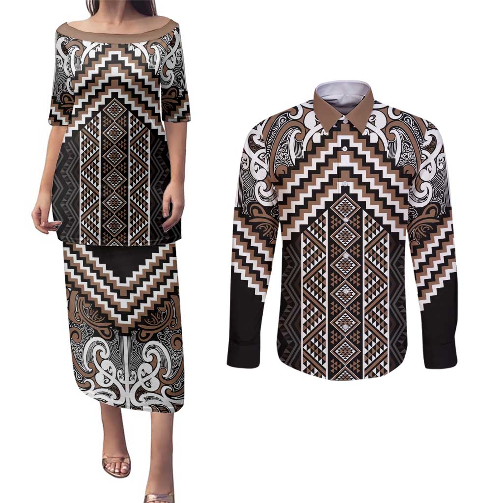 Maori Tukutuku Taniko Motifs Couples Matching Puletasi and Long Sleeve Button Shirt Brown Poutama Mix Kowhaiwhai LT7 Brown - Polynesian Pride