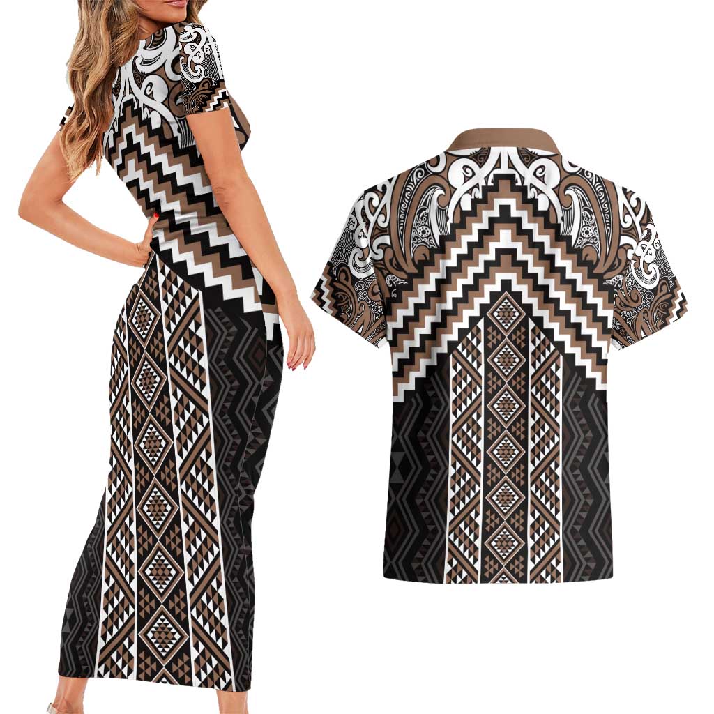 Maori Tukutuku Taniko Motifs Couples Matching Short Sleeve Bodycon Dress and Hawaiian Shirt Brown Poutama Mix Kowhaiwhai LT7 - Polynesian Pride
