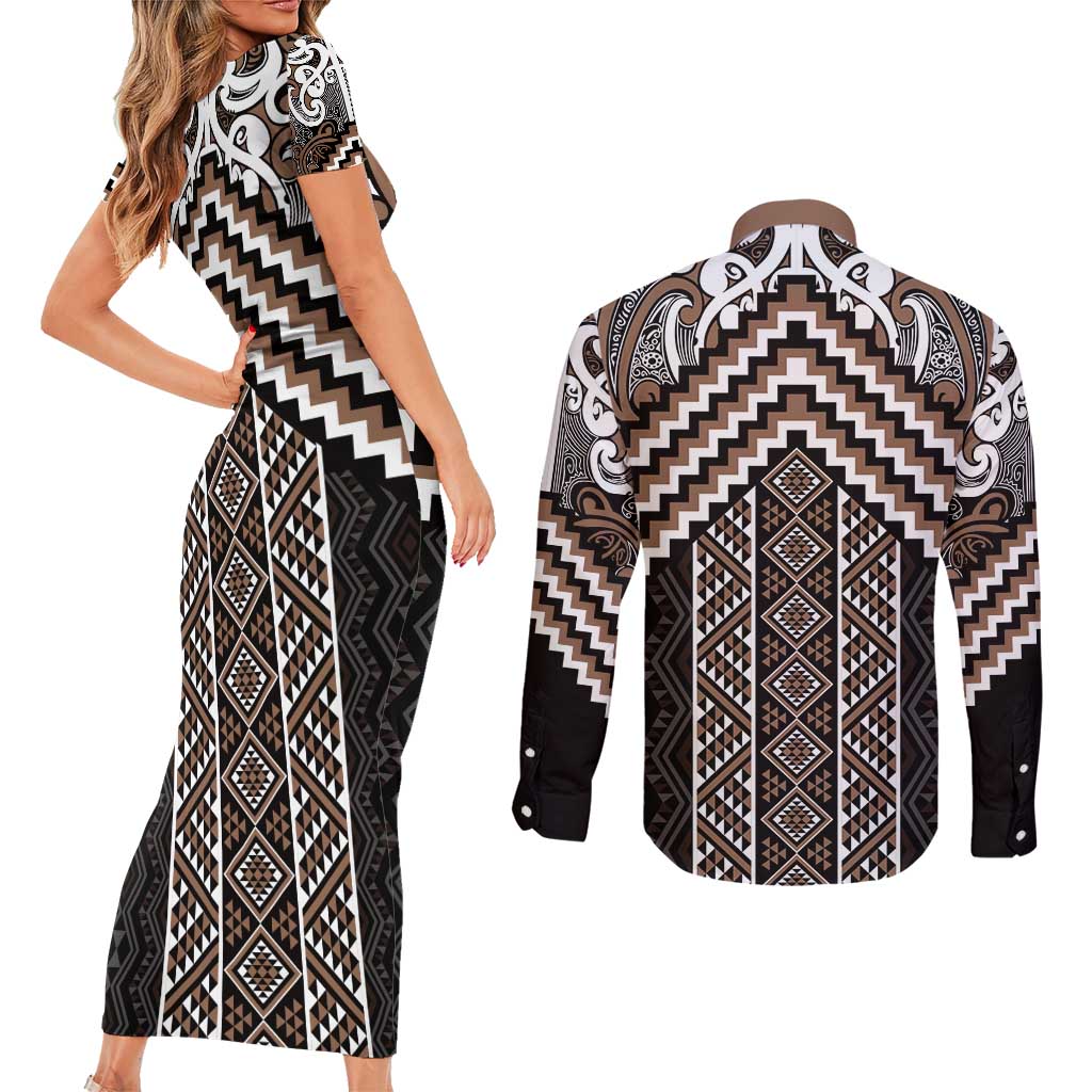 Maori Tukutuku Taniko Motifs Couples Matching Short Sleeve Bodycon Dress and Long Sleeve Button Shirt Brown Poutama Mix Kowhaiwhai LT7 - Polynesian Pride