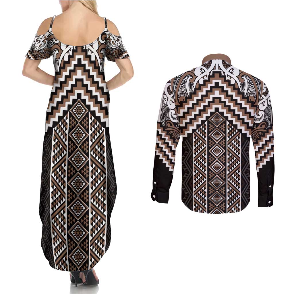 Maori Tukutuku Taniko Motifs Couples Matching Summer Maxi Dress and Long Sleeve Button Shirt Brown Poutama Mix Kowhaiwhai LT7 - Polynesian Pride
