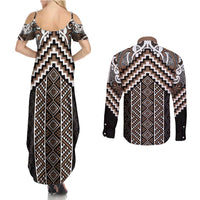 Maori Tukutuku Taniko Motifs Couples Matching Summer Maxi Dress and Long Sleeve Button Shirt Brown Poutama Mix Kowhaiwhai LT7 - Polynesian Pride