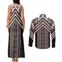 Maori Tukutuku Taniko Motifs Couples Matching Tank Maxi Dress and Long Sleeve Button Shirt Brown Poutama Mix Kowhaiwhai LT7 - Polynesian Pride