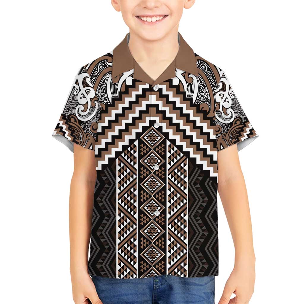 Maori Tukutuku Taniko Motifs Family Matching Long Sleeve Bodycon Dress and Hawaiian Shirt Brown Poutama Mix Kowhaiwhai LT7 Son's Shirt Brown - Polynesian Pride
