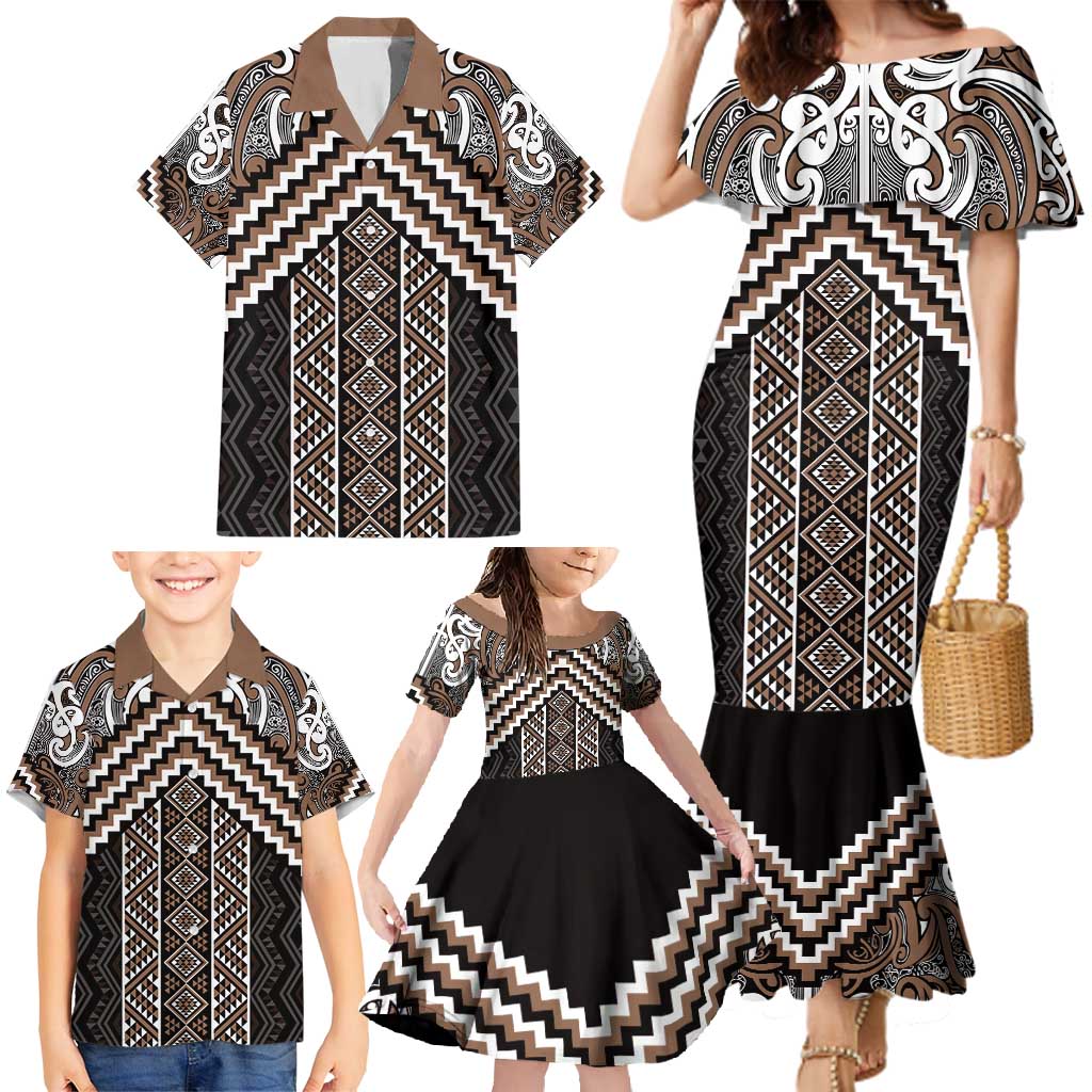 Maori Tukutuku Taniko Motifs Family Matching Mermaid Dress and Hawaiian Shirt Brown Poutama Mix Kowhaiwhai LT7 - Polynesian Pride