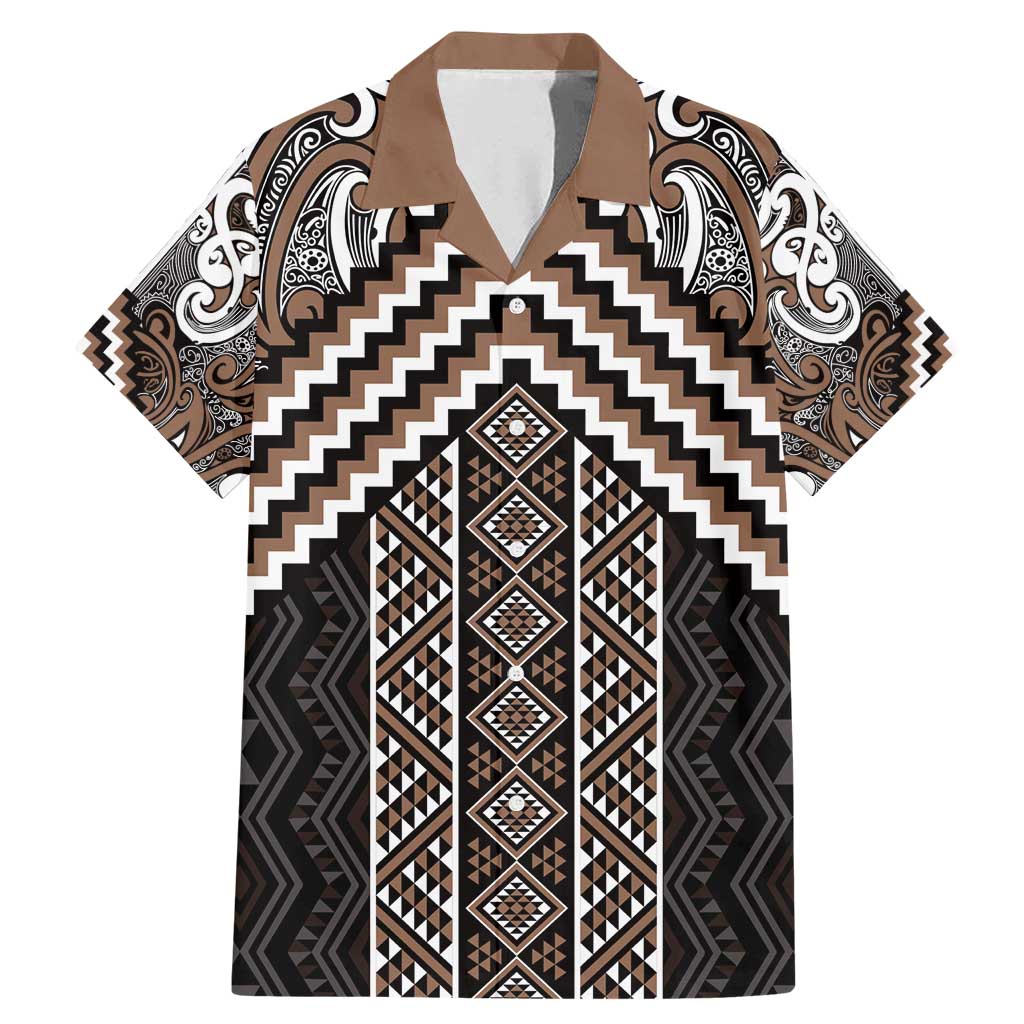 Maori Tukutuku Taniko Motifs Family Matching Mermaid Dress and Hawaiian Shirt Brown Poutama Mix Kowhaiwhai LT7 Dad's Shirt - Short Sleeve Brown - Polynesian Pride