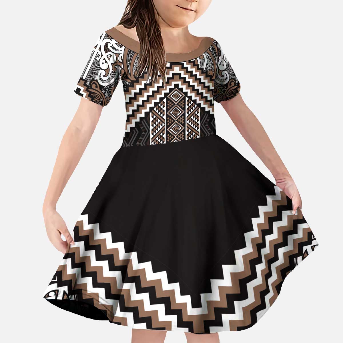 Maori Tukutuku Taniko Motifs Family Matching Off The Shoulder Long Sleeve Dress and Hawaiian Shirt Brown Poutama Mix Kowhaiwhai LT7 Daughter's Dress Brown - Polynesian Pride