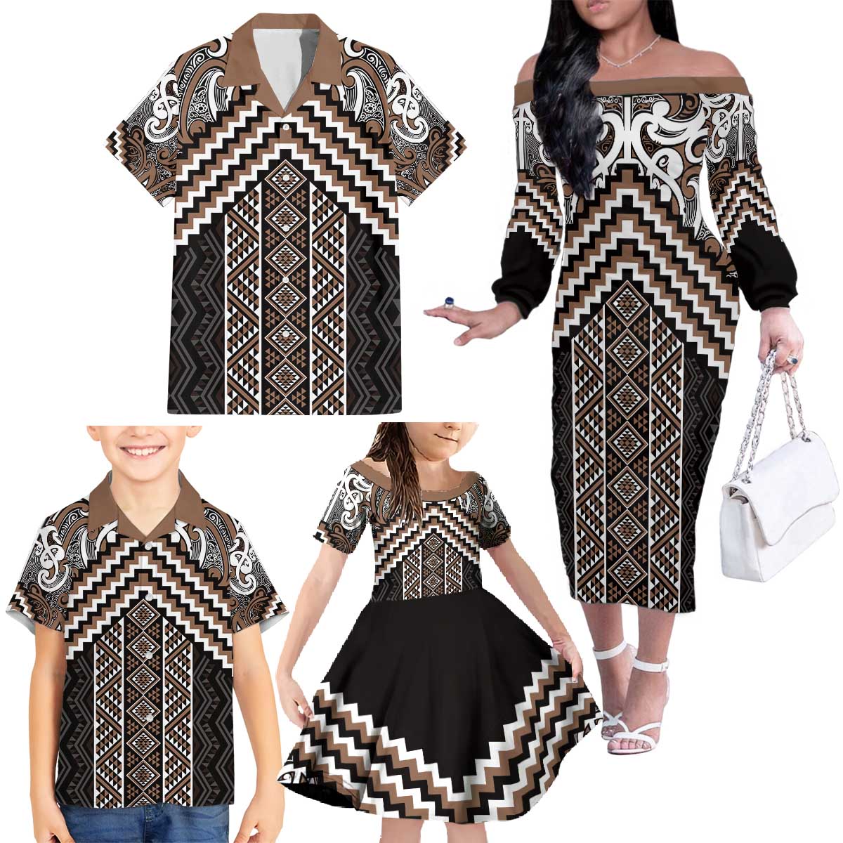 Maori Tukutuku Taniko Motifs Family Matching Off The Shoulder Long Sleeve Dress and Hawaiian Shirt Brown Poutama Mix Kowhaiwhai LT7 - Polynesian Pride