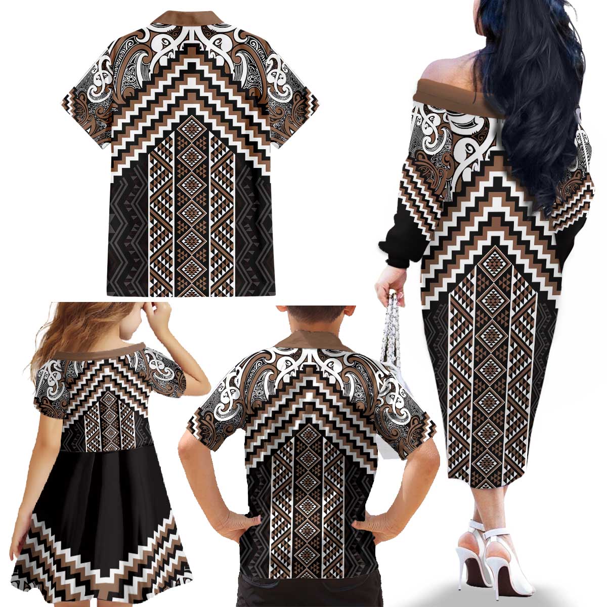 Maori Tukutuku Taniko Motifs Family Matching Off The Shoulder Long Sleeve Dress and Hawaiian Shirt Brown Poutama Mix Kowhaiwhai LT7 - Polynesian Pride