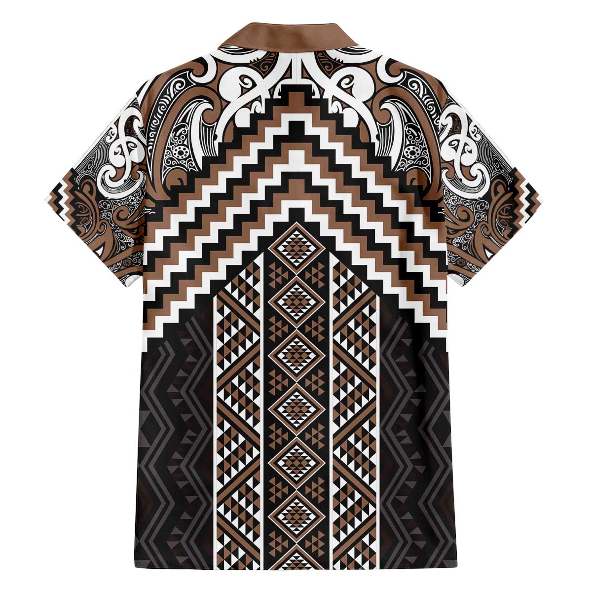 Maori Tukutuku Taniko Motifs Family Matching Off The Shoulder Long Sleeve Dress and Hawaiian Shirt Brown Poutama Mix Kowhaiwhai LT7 - Polynesian Pride