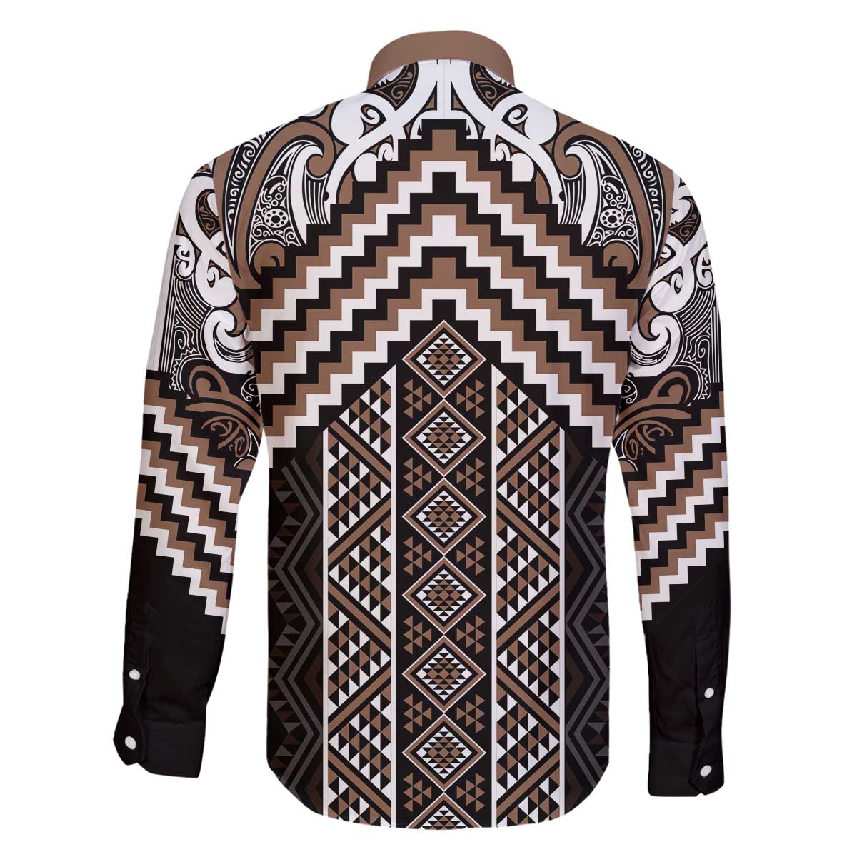 Maori Tukutuku Taniko Motifs Family Matching Off The Shoulder Long Sleeve Dress and Hawaiian Shirt Brown Poutama Mix Kowhaiwhai LT7 - Polynesian Pride