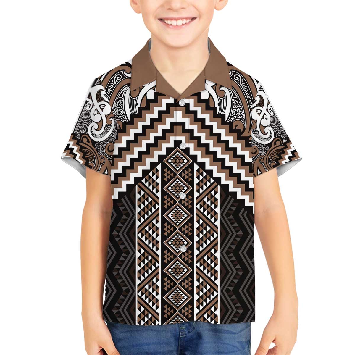 Maori Tukutuku Taniko Motifs Family Matching Off The Shoulder Long Sleeve Dress and Hawaiian Shirt Brown Poutama Mix Kowhaiwhai LT7 Son's Shirt Brown - Polynesian Pride