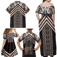 Maori Tukutuku Taniko Motifs Family Matching Off Shoulder Maxi Dress and Hawaiian Shirt Brown Poutama Mix Kowhaiwhai LT7 - Polynesian Pride