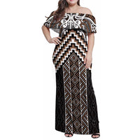 Maori Tukutuku Taniko Motifs Family Matching Off Shoulder Maxi Dress and Hawaiian Shirt Brown Poutama Mix Kowhaiwhai LT7 Mom's Dress Brown - Polynesian Pride