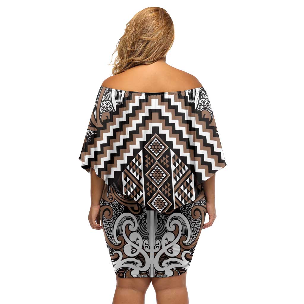 Maori Tukutuku Taniko Motifs Family Matching Off Shoulder Short Dress and Hawaiian Shirt Brown Poutama Mix Kowhaiwhai LT7 - Polynesian Pride
