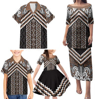 Maori Tukutuku Taniko Motifs Family Matching Puletasi and Hawaiian Shirt Brown Poutama Mix Kowhaiwhai LT7 - Polynesian Pride