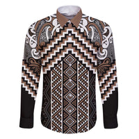 Maori Tukutuku Taniko Motifs Family Matching Puletasi and Hawaiian Shirt Brown Poutama Mix Kowhaiwhai LT7 Dad's Shirt - Long Sleeve Brown - Polynesian Pride