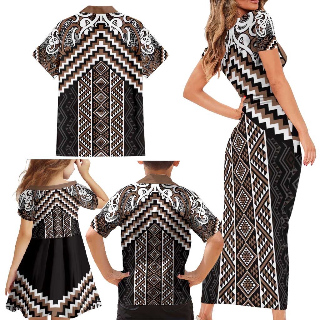 Maori Tukutuku Taniko Motifs Family Matching Short Sleeve Bodycon Dress and Hawaiian Shirt Brown Poutama Mix Kowhaiwhai LT7 - Polynesian Pride