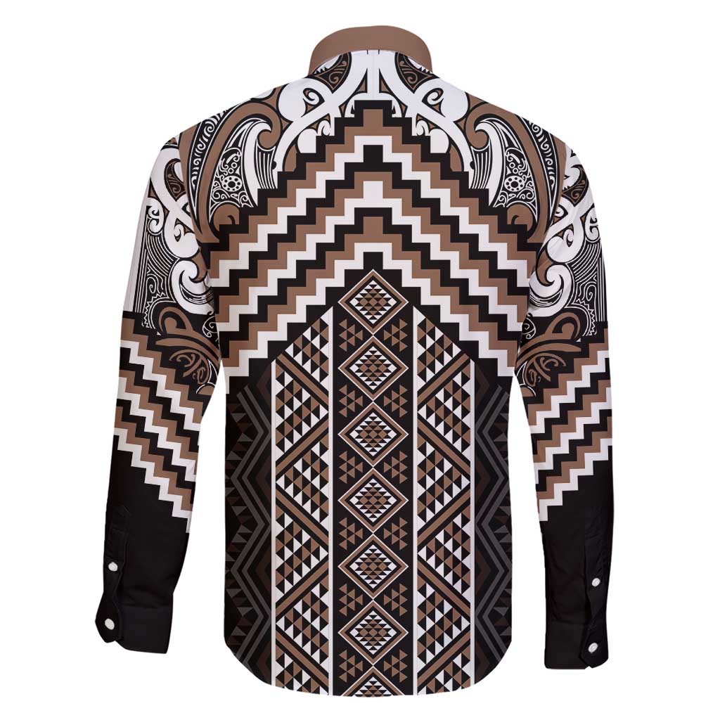 Maori Tukutuku Taniko Motifs Family Matching Short Sleeve Bodycon Dress and Hawaiian Shirt Brown Poutama Mix Kowhaiwhai LT7 - Polynesian Pride