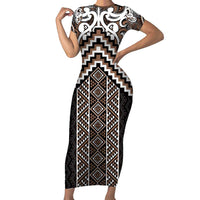 Maori Tukutuku Taniko Motifs Family Matching Short Sleeve Bodycon Dress and Hawaiian Shirt Brown Poutama Mix Kowhaiwhai LT7 Mom's Dress Brown - Polynesian Pride