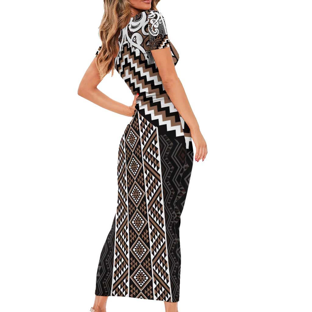 Maori Tukutuku Taniko Motifs Family Matching Short Sleeve Bodycon Dress and Hawaiian Shirt Brown Poutama Mix Kowhaiwhai LT7 - Polynesian Pride