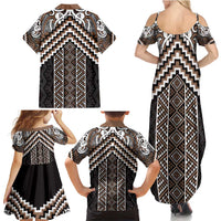 Maori Tukutuku Taniko Motifs Family Matching Summer Maxi Dress and Hawaiian Shirt Brown Poutama Mix Kowhaiwhai LT7 - Polynesian Pride
