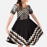 Maori Tukutuku Taniko Motifs Family Matching Tank Maxi Dress and Hawaiian Shirt Brown Poutama Mix Kowhaiwhai LT7 Daughter's Dress Brown - Polynesian Pride