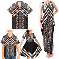 Maori Tukutuku Taniko Motifs Family Matching Tank Maxi Dress and Hawaiian Shirt Brown Poutama Mix Kowhaiwhai LT7 - Polynesian Pride